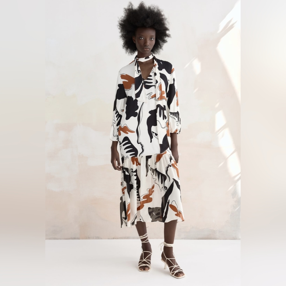 Zara Abstract Print Maxi Dress - Black, White, Orange